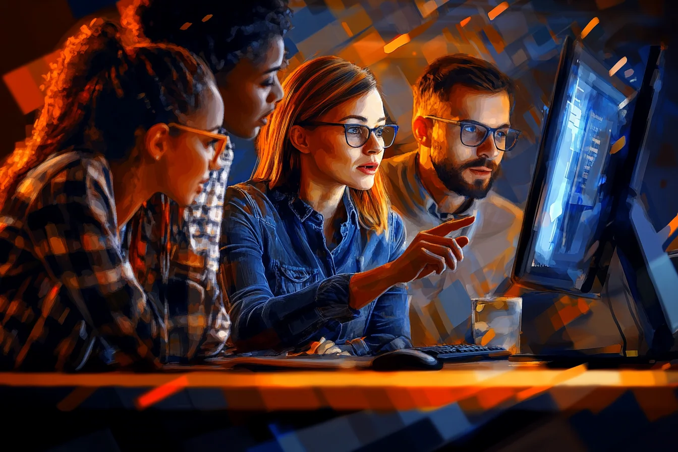 Ilustracja: troje pracowników przy jednym monitorze omawia dane na ekranie